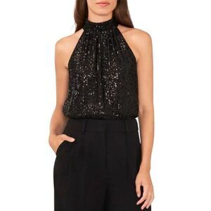 NWT Halogen Black Sequin Halter Top XS Sleeveless Blouse Party Sparkly Formal